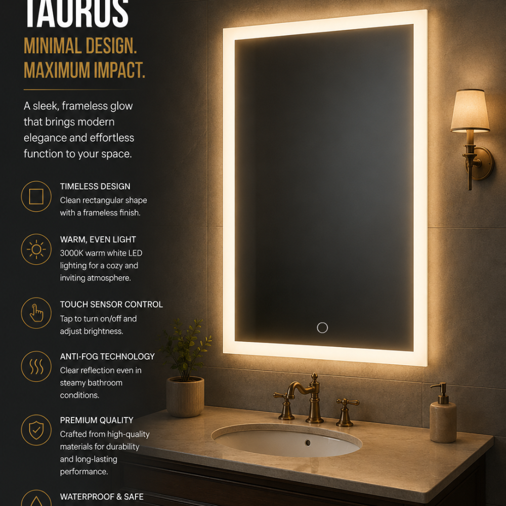TAURUS Backlit LED, Frameless, Bathroom Mirror - Touch Sensor Modern