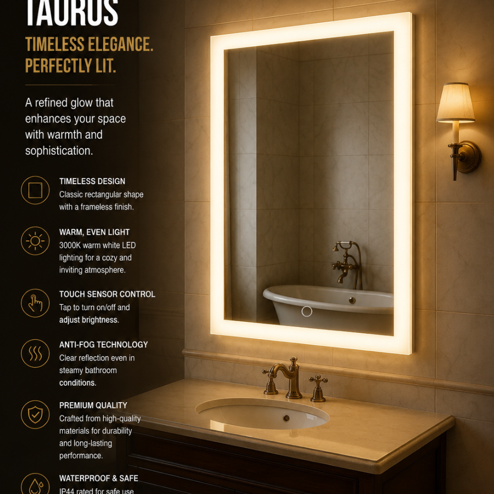 TAURUS Backlit LED, Frameless, Bathroom Mirror - Touch Sensor Modern