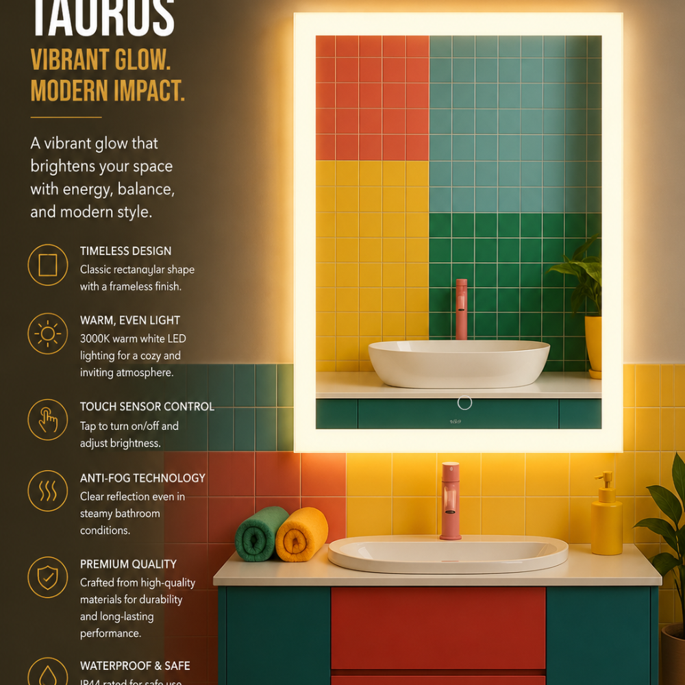 TAURUS Backlit LED, Frameless, Bathroom Mirror - Touch Sensor Modern