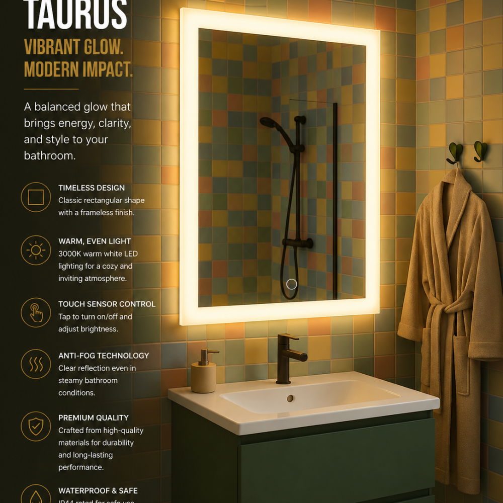 TAURUS Backlit LED, Frameless, Bathroom Mirror - Touch Sensor Modern