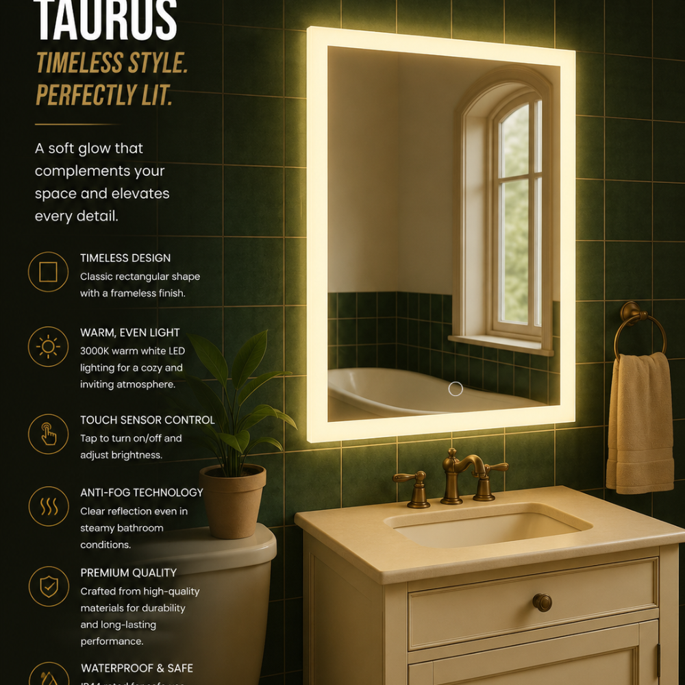 TAURUS Backlit LED, Frameless, Bathroom Mirror - Touch Sensor Modern