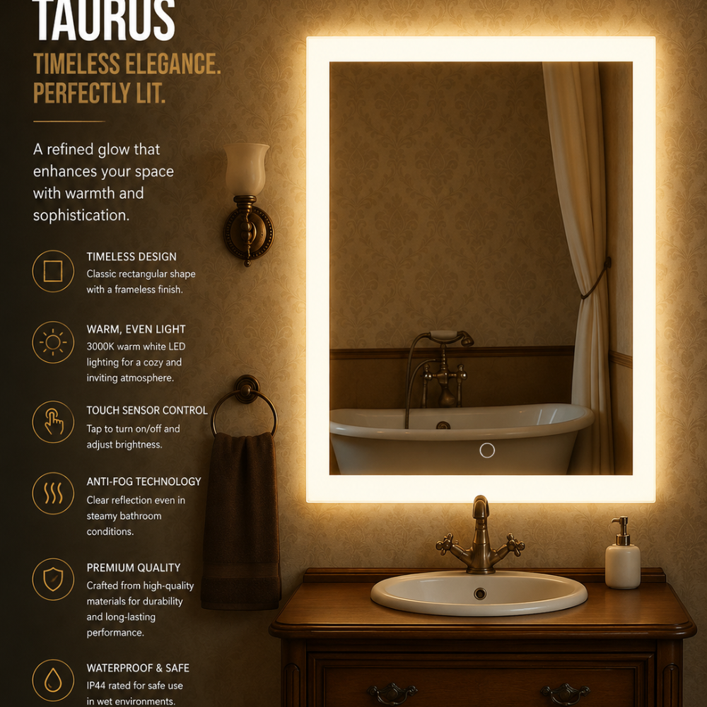 TAURUS Backlit LED, Frameless, Bathroom Mirror - Touch Sensor Modern