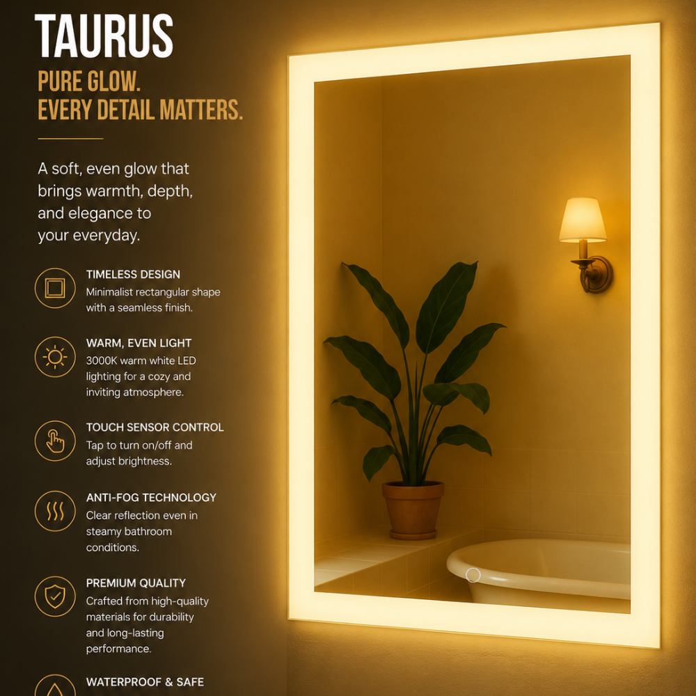 TAURUS Backlit LED, Frameless, Bathroom Mirror - Touch Sensor Modern