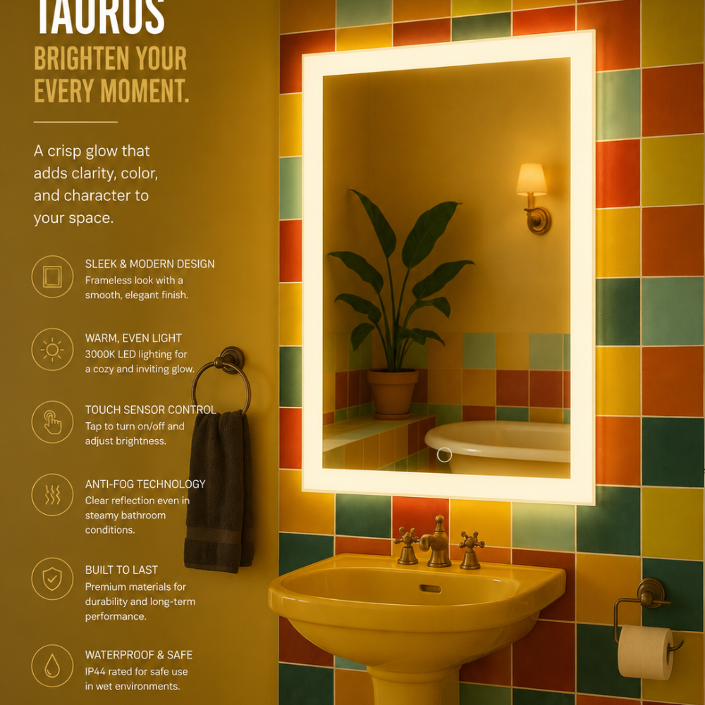 TAURUS Backlit LED, Frameless, Bathroom Mirror - Touch Sensor Modern