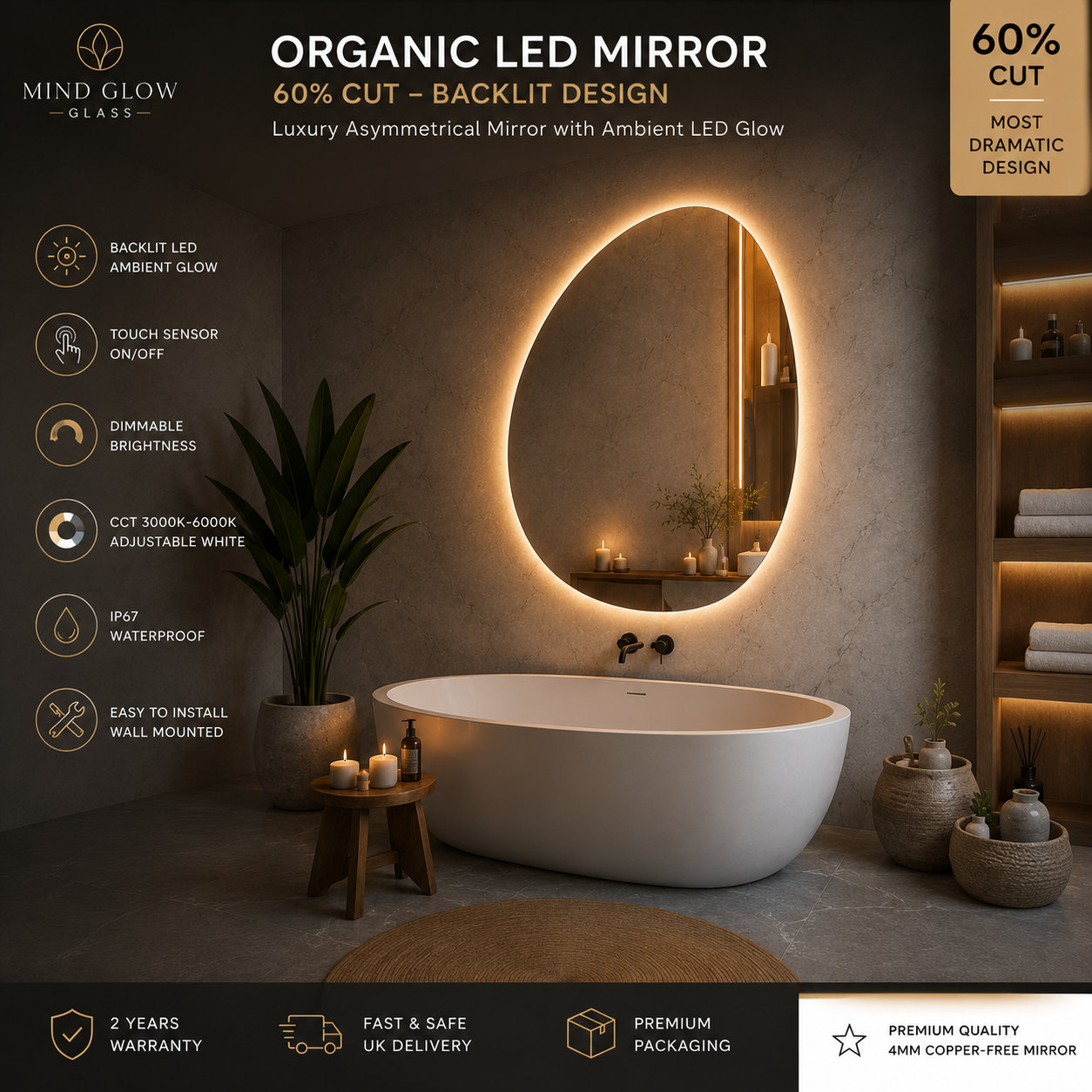 Organic LED Mirror – Asymmetric Backlit Bathroom Mirror