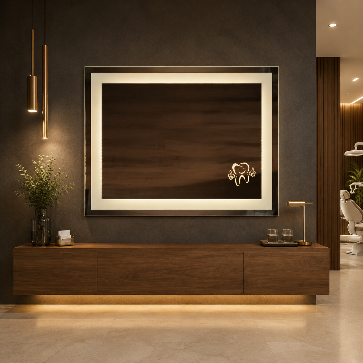 Bespoke Dental Clinic LED Mirror with Illuminated Tooth Engraving