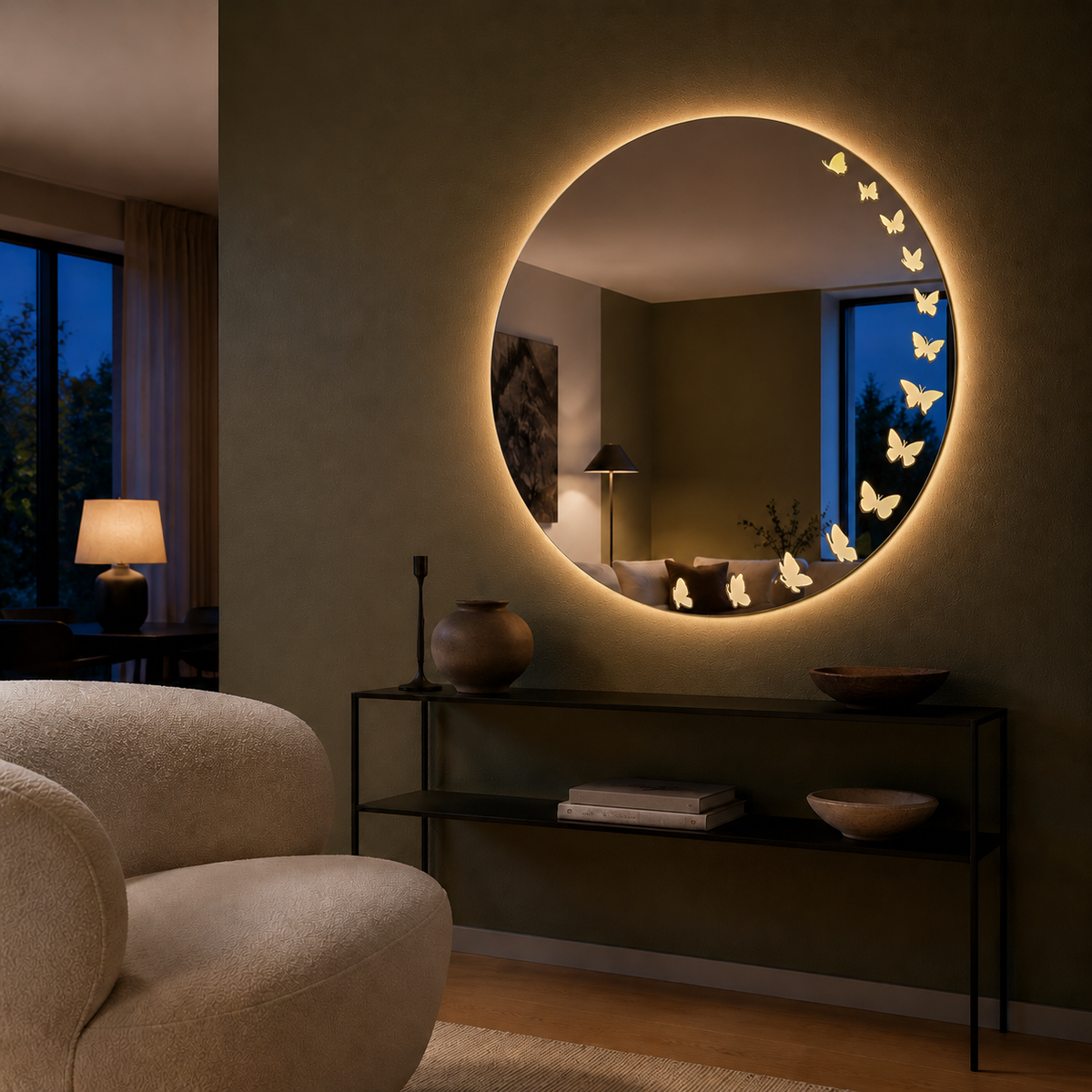 Personalised Butterfly Round LED Mirror – Illuminated Engraving