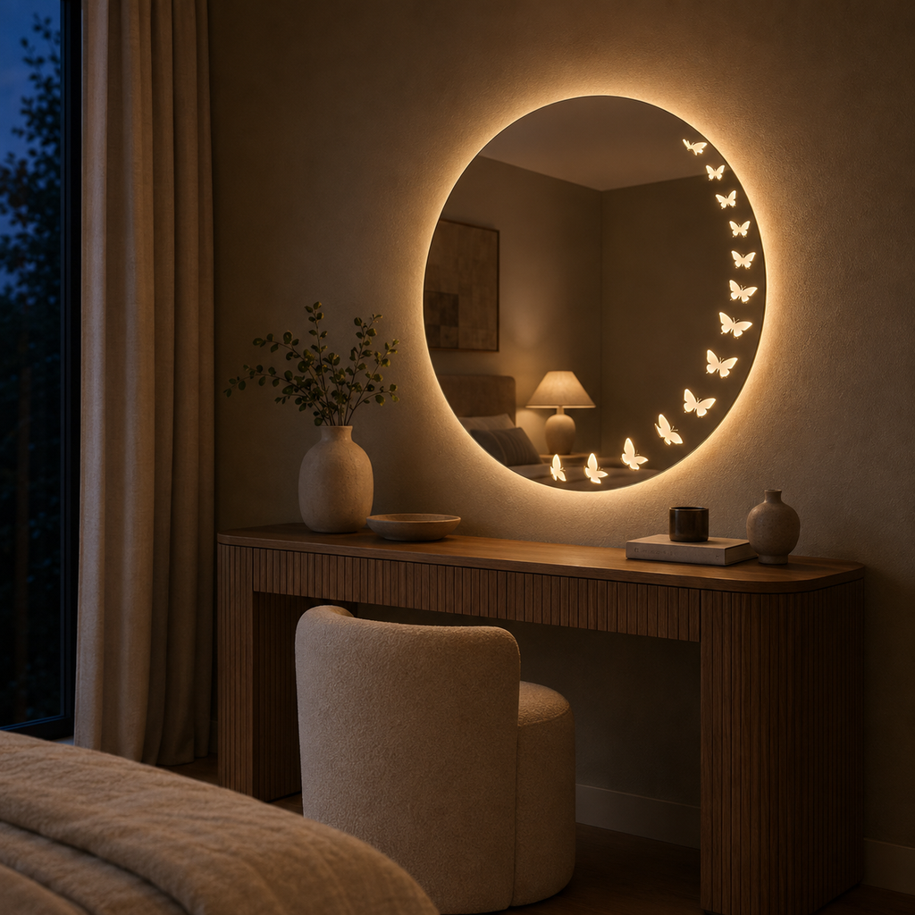 Personalised Butterfly Round LED Mirror – Illuminated Engraving