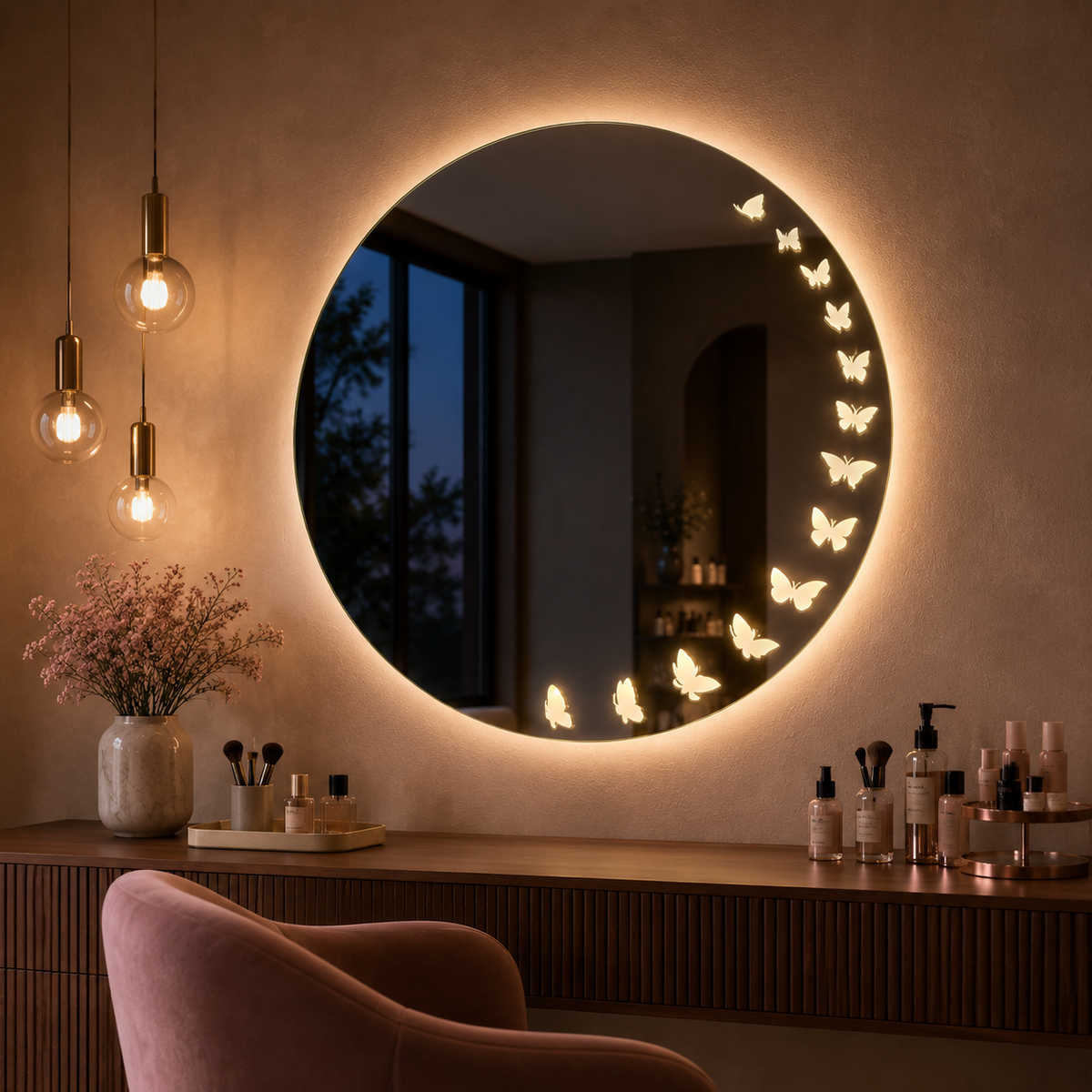 Personalised Butterfly Round LED Mirror – Illuminated Engraving