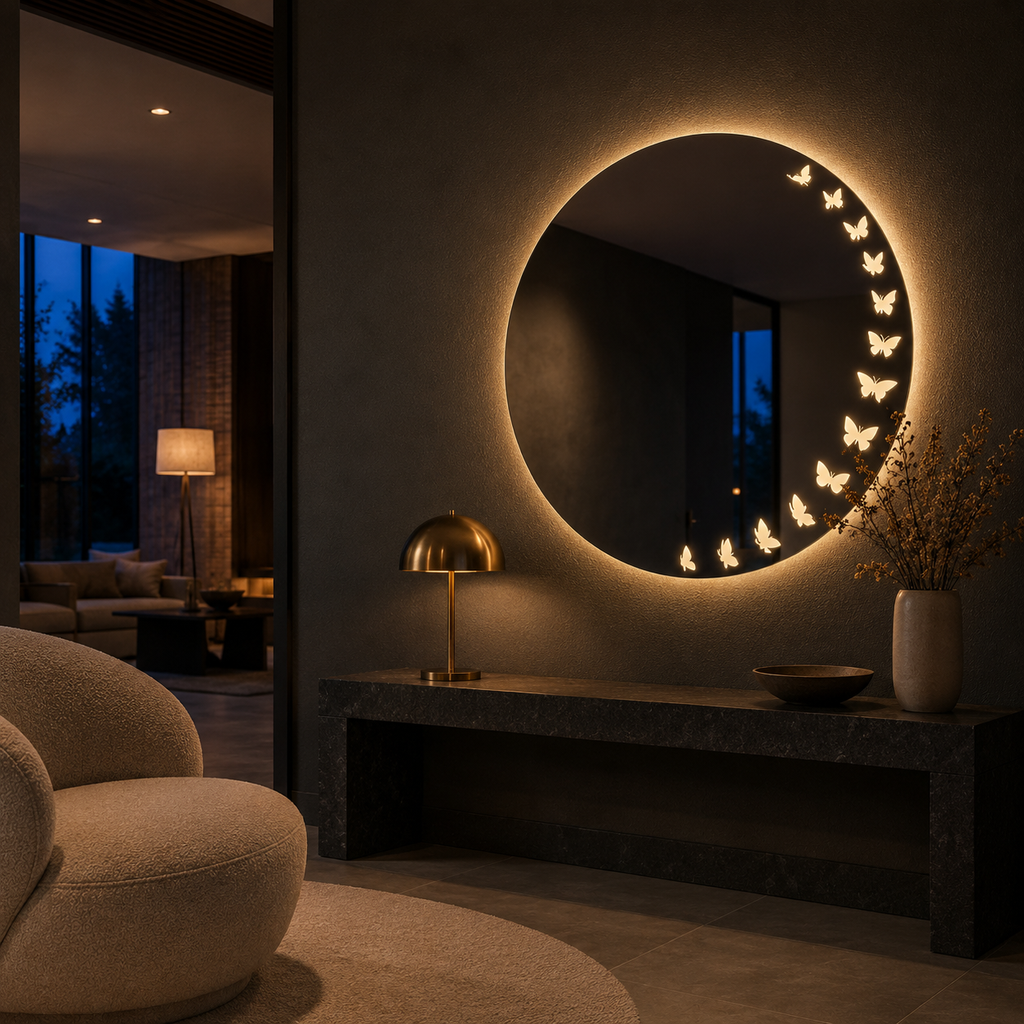 Personalised Butterfly Round LED Mirror – Illuminated Engraving