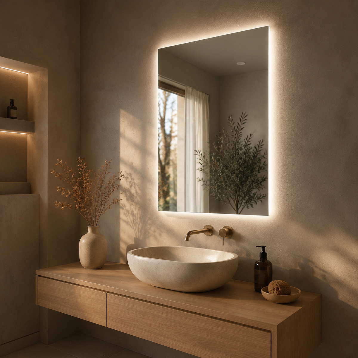 SYRIUSZ Backlit LED Bathroom Mirror – Frameless, Warm 3000K