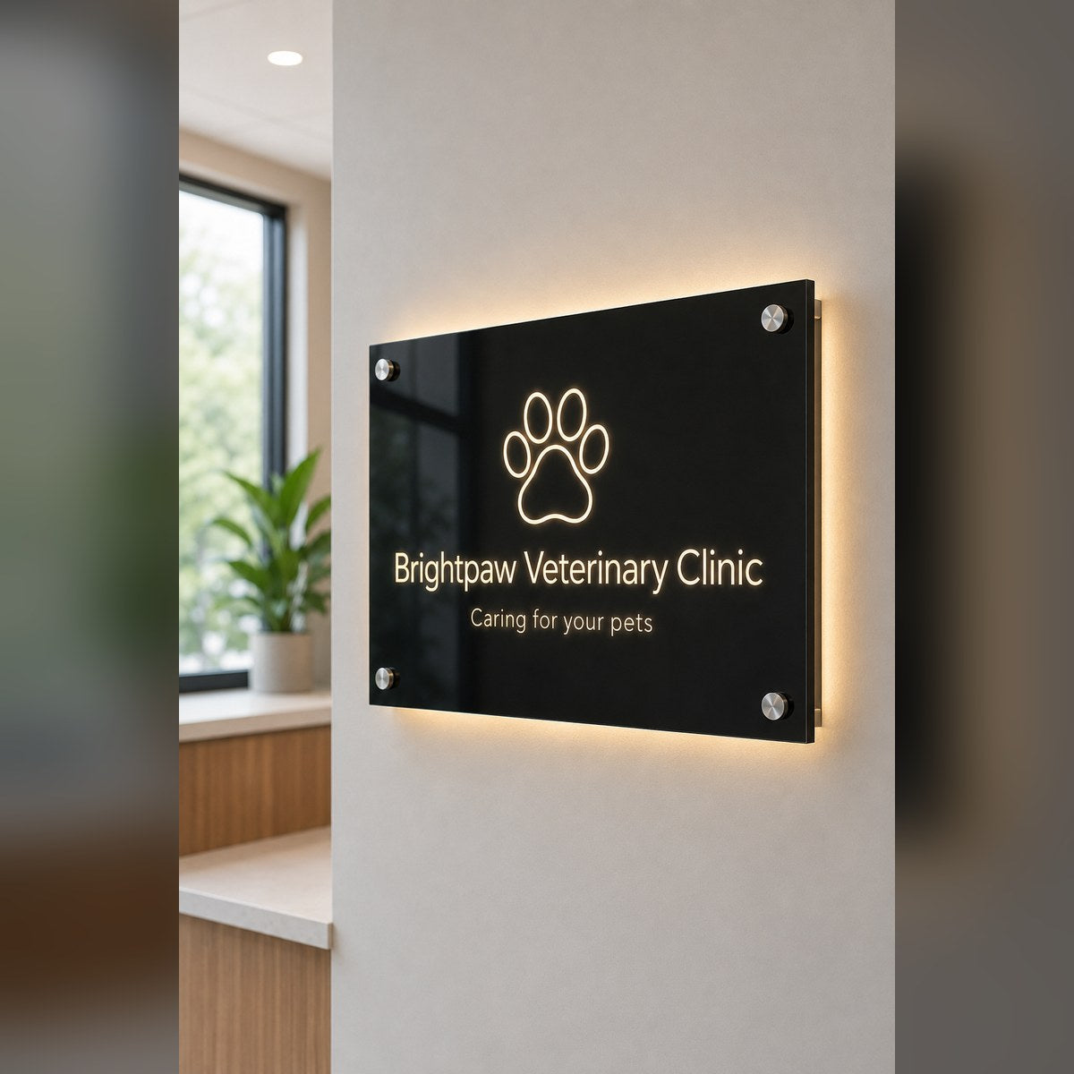 Backlit engraved logo sign — custom business & reception sign