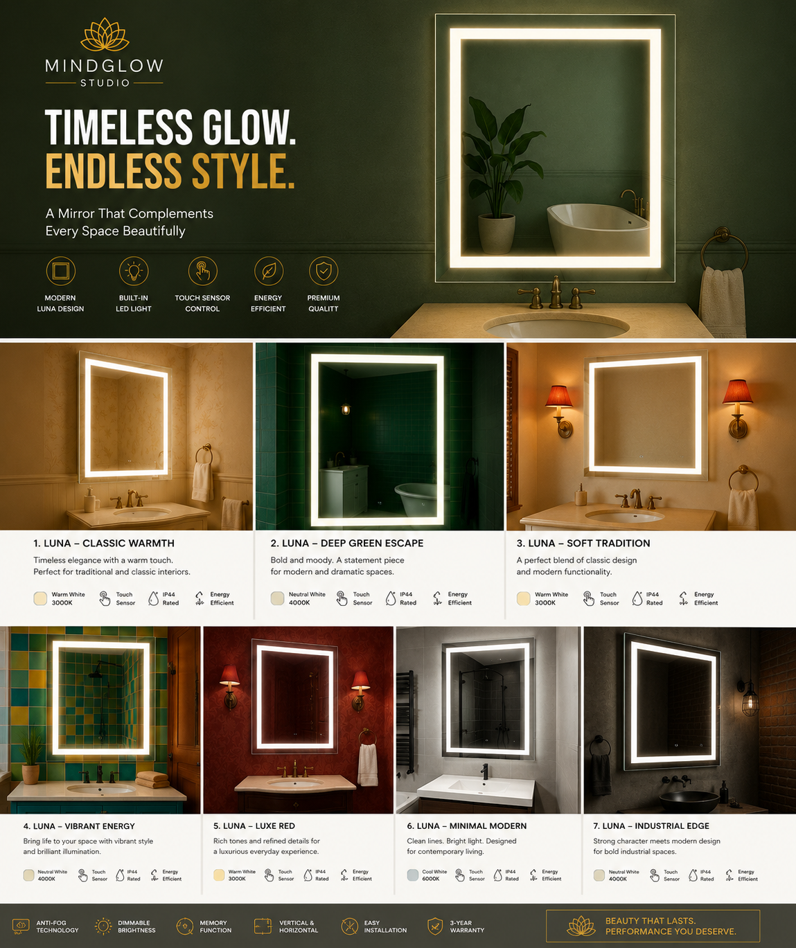 LUNA Backlit LED, Frameless, Bathroom Mirror Touch Sensor Modern