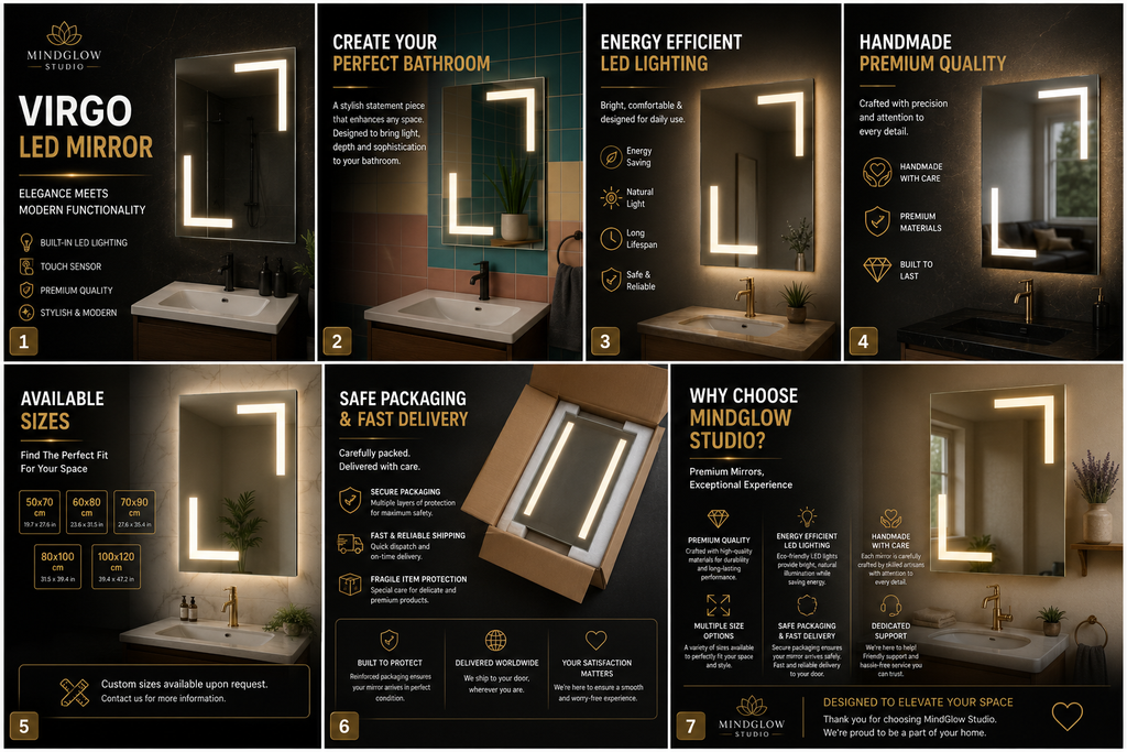 ARIES LED Mirror – Engraved Backlit Wall Mirror, Anti-Fog, IP67