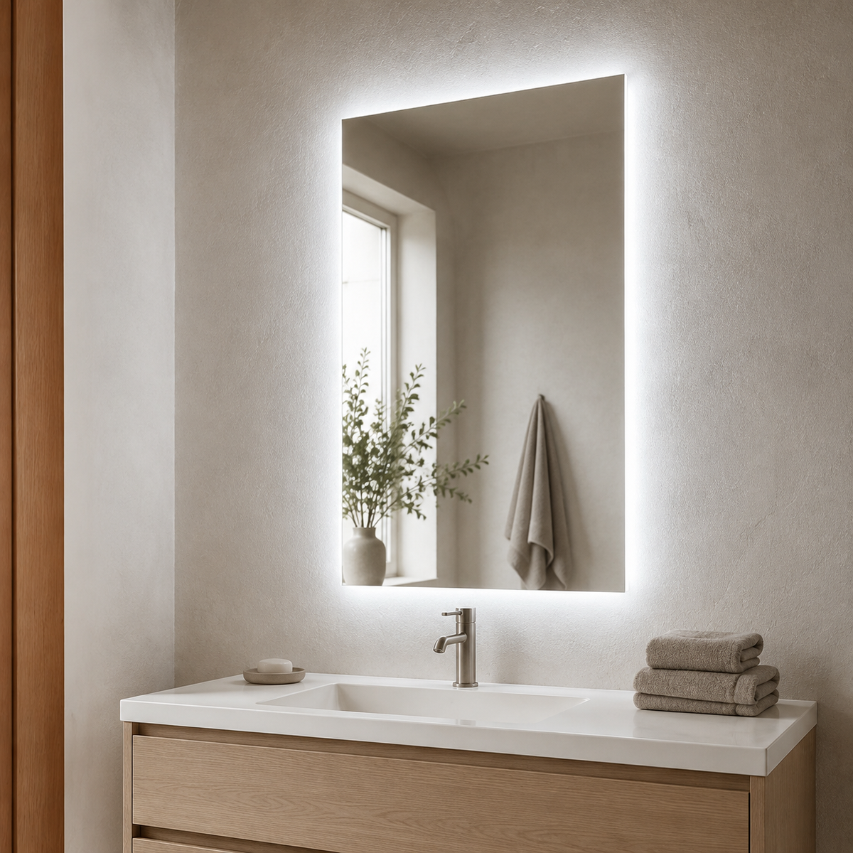 SYRIUSZ Backlit LED Bathroom Mirror – Frameless, Warm 3000K